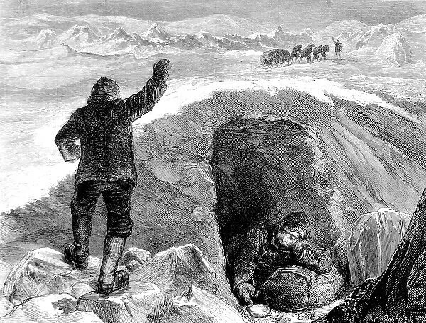 Sledge party leaving an invalid in an ice cave, British Arct