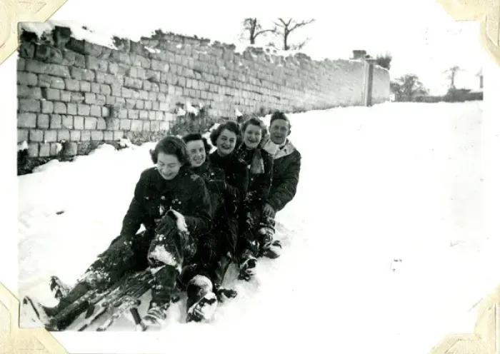 Framed Print : Sledging at Chateau d Hennement, France, WW2 Framed Print : Sledging at Chateau d Hennement, France, WW2