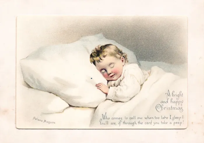 Framed Print : Sleeping baby on a Christmas card Framed Print : Sleeping baby on a Christmas card