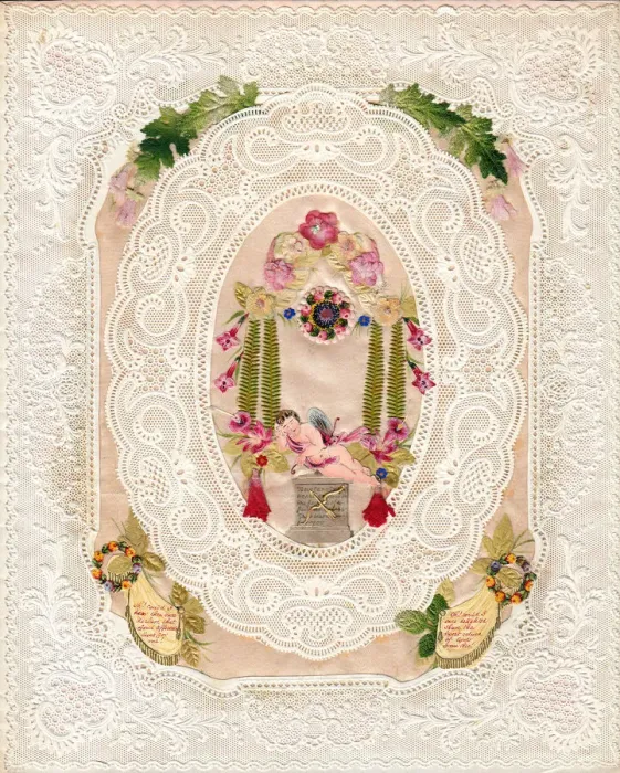 Framed Print : Sleeping cupid with flowers on a paper lace romantic card Framed Print : Sleeping cupid with flowers on a paper lace romantic card