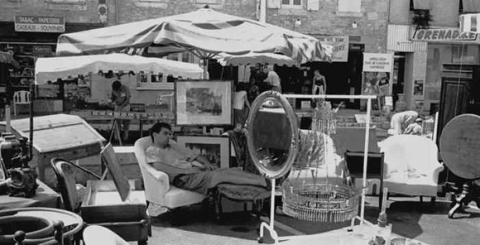 Framed Print : Sleeping man at antique stall, Duras, France Framed Print : Sleeping man at antique stall, Duras, France