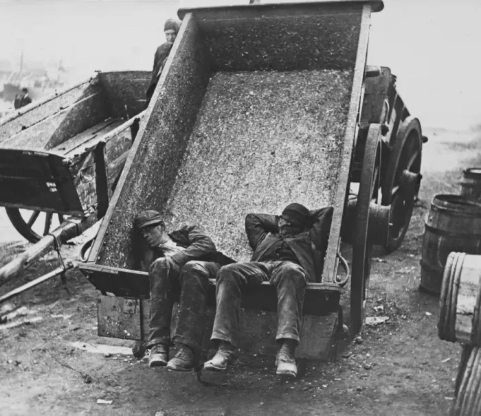 Framed Print : Sleeping workmen in a cart Framed Print : Sleeping workmen in a cart