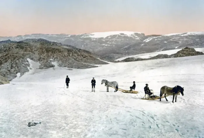 Framed Print : Sleighs on the Folgefonna Glacier, Norway, circa 1890s Framed Print : Sleighs on the Folgefonna Glacier, Norway, circa 1890s
