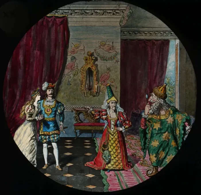 Framed Print : Slide showing three people dressed in finery and an enchante Framed Print : Slide showing three people dressed in finery and an enchante