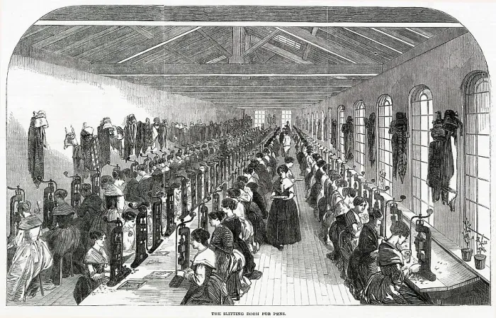 Framed Print : The slitting room for steel pens, at Messrs Hinks, Wells and Co. in Birmingham. Date: 1851 Framed Print : The slitting room for steel pens, at Messrs Hinks, Wells and Co. in Birmingham. Date: 1851
