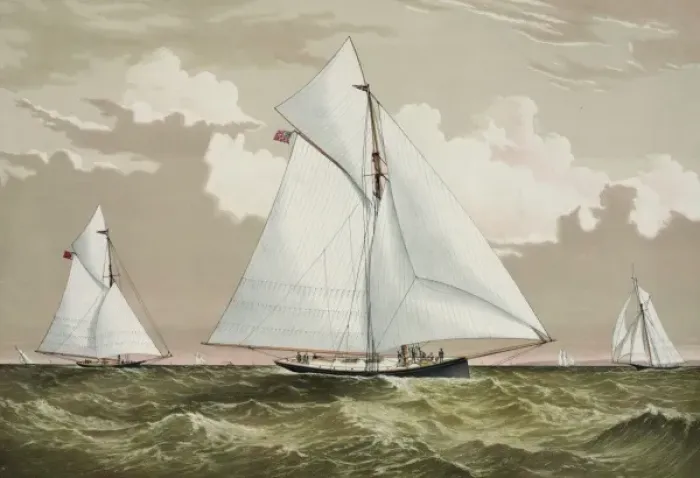 Framed Print : Sloop yachts Mischief and Atalanta in the race for The Ameri Framed Print : Sloop yachts Mischief and Atalanta in the race for The Ameri