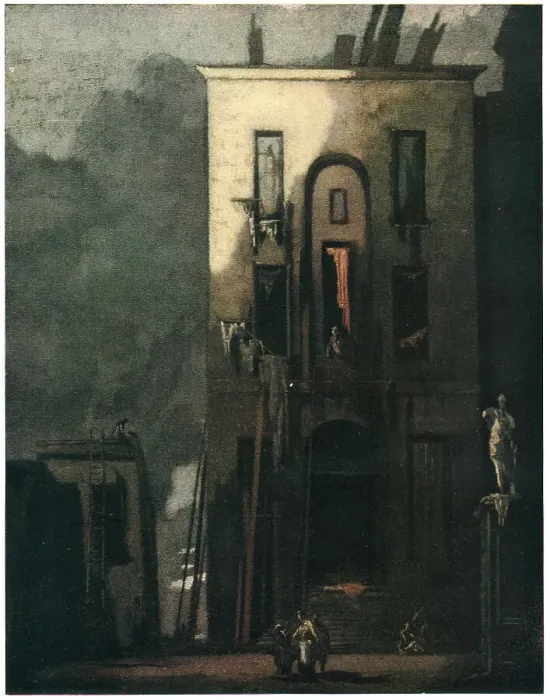 Framed Print : The Slum. A painting of a tall, ominous, derelict looking building with Framed Print : The Slum. A painting of a tall, ominous, derelict looking building with