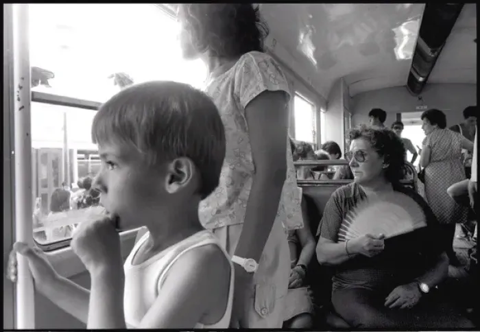 Framed Print : Small boy lady with fan on bus, Valencia, Spain Framed Print : Small boy lady with fan on bus, Valencia, Spain