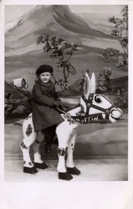 Framed Print : Small boy - Studio photograph - riding Muffin the Mule Model Framed Print : Small boy - Studio photograph - riding Muffin the Mule Model