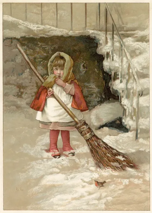 Framed Print : A small girl sets about sweeping the yard with a very big broom, but is distracted when a robin arrives to keep her company. Date: circa 1886 Framed Print : A small girl sets about sweeping the yard with a very big broom, but is distracted when a robin arrives to keep her company. Date: circa 1886