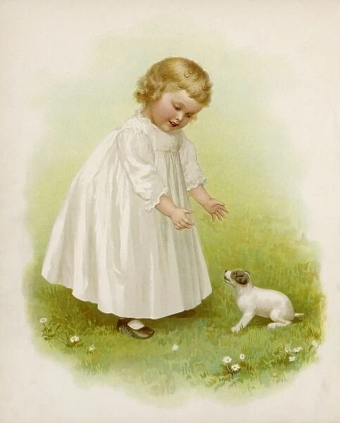 Postcard My Best Friend Vintage print repro Little Girl with Terrier 