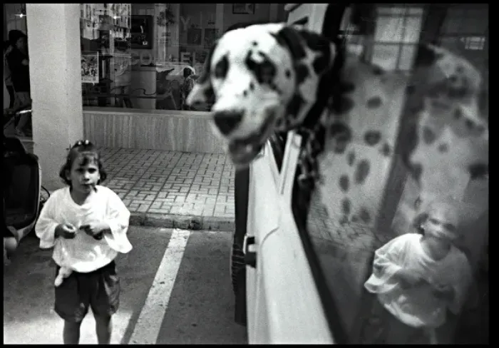 Framed Print : Small girl in street dalmation in car, Spain Framed Print : Small girl in street dalmation in car, Spain