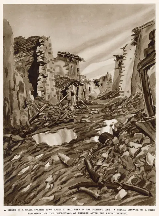 Framed Print : A small war-torn town during the Spanish Civil War, 1937. This illustration was made by an artist attached to Nationalist forces and may be a view of Brunete, which was the scene of extremely heavy fighting in July 1937. Date: 1937 Framed Print : A small war-torn town during the Spanish Civil War, 1937. This illustration was made by an artist attached to Nationalist forces and may be a view of Brunete, which was the scene of extremely heavy fighting in July 1937. Date: 1937
