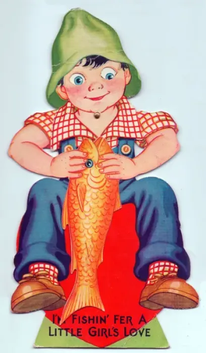 Framed Print : Smiling boy with large fish on a Valentine card Framed Print : Smiling boy with large fish on a Valentine card