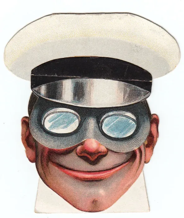 Framed Print : Smiling man in cap and goggles on a movable greetings card Framed Print : Smiling man in cap and goggles on a movable greetings card