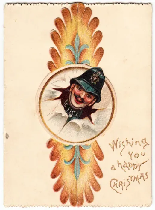 Framed Print : Smiling policeman on a Christmas card Framed Print : Smiling policeman on a Christmas card
