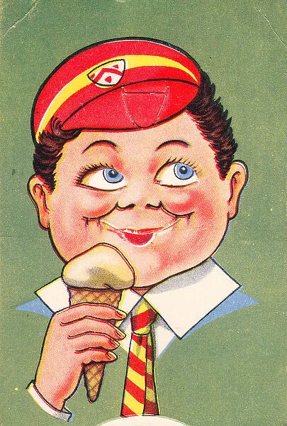 Smiling schoolboy with ice cream on a greetings card