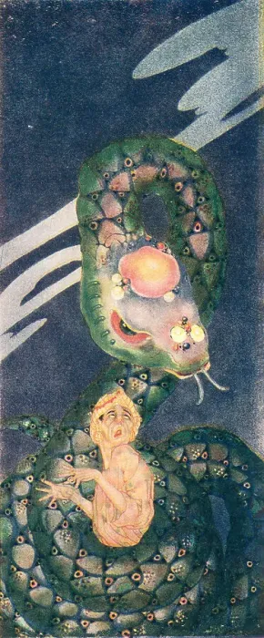 Framed Print : The Snake. A colourful book illustration of a petrified looking man Framed Print : The Snake. A colourful book illustration of a petrified looking man