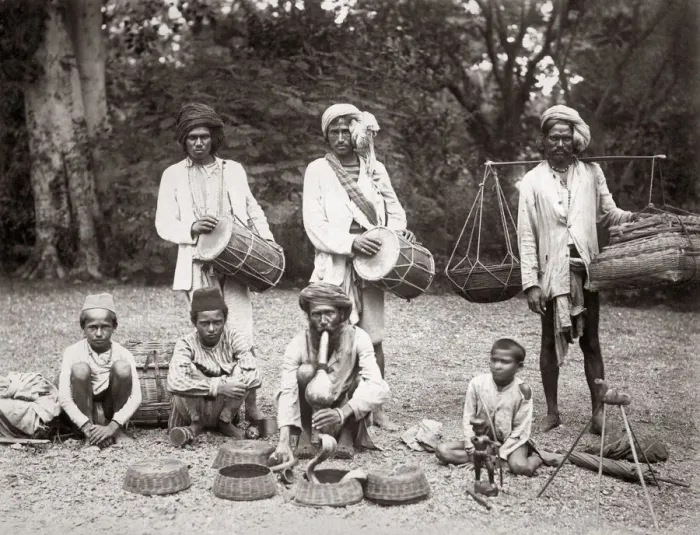 Framed Print : Snake charmers and drummers, India, c. 1890 Framed Print : Snake charmers and drummers, India, c. 1890