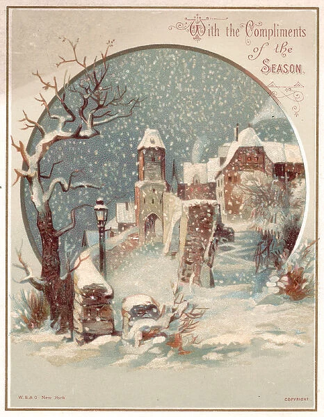 Snow scene with buildings on a Christmas card