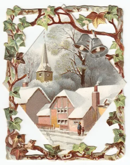 Framed Print : Snow scene with church and bells on a Christmas card Framed Print : Snow scene with church and bells on a Christmas card