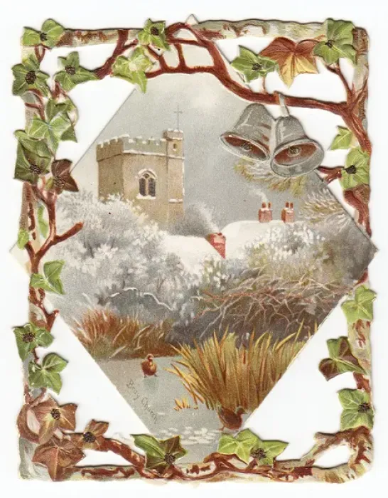 Framed Print : Snow scene with church and bells on a Christmas card