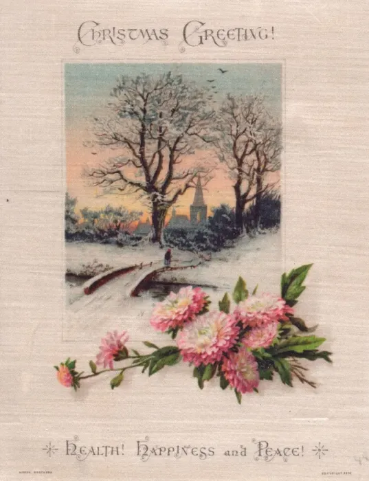 Framed Print : Snow scene with church on a fabric Christmas card Framed Print : Snow scene with church on a fabric Christmas card