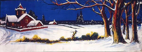 Snow scene with church at night