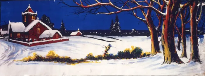Framed Print : Snow scene with church at night Framed Print : Snow scene with church at night