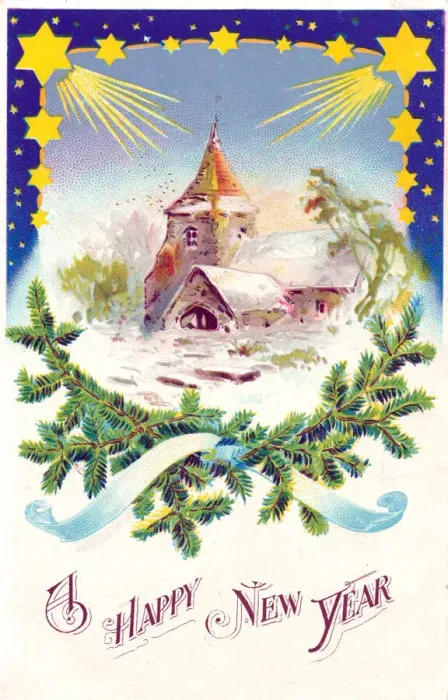 Framed Print : Snow scene with church and stars on a New Year postcard Framed Print : Snow scene with church and stars on a New Year postcard