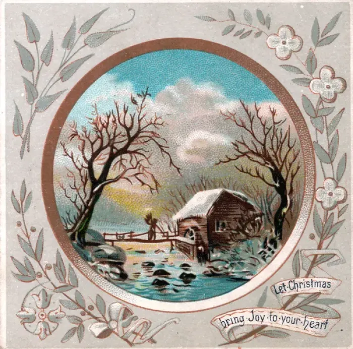 Framed Print : Snow scene with cottage and bridge on a Christmas card Framed Print : Snow scene with cottage and bridge on a Christmas card