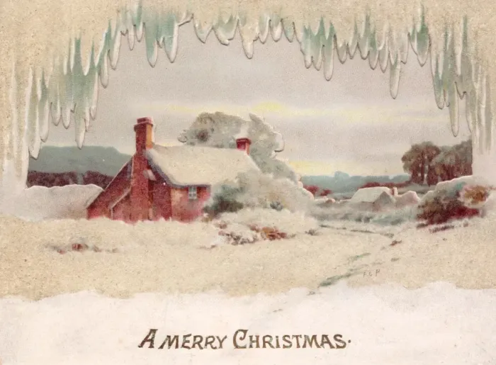 Framed Print : Snow scene with cottage on a Christmas card Framed Print : Snow scene with cottage on a Christmas card