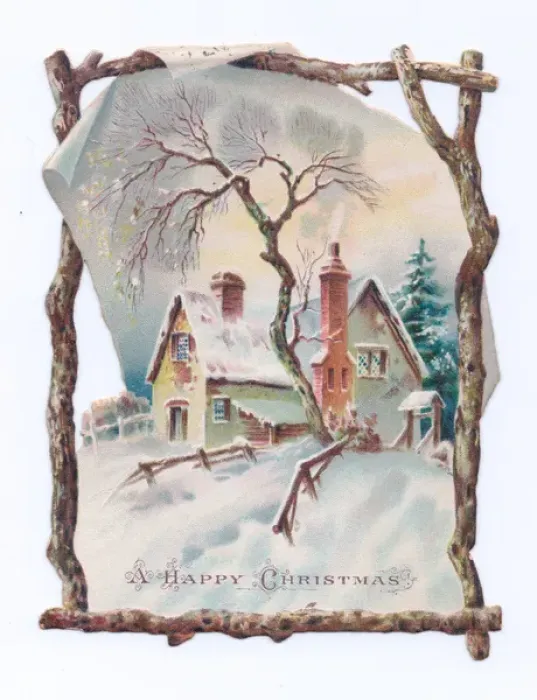 Framed Print : Snow scene with cottage on a Christmas card Framed Print : Snow scene with cottage on a Christmas card