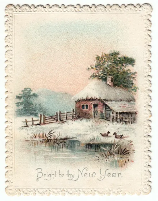 Framed Print : Snow scene with cottage and ducks on a New Year card Framed Print : Snow scene with cottage and ducks on a New Year card