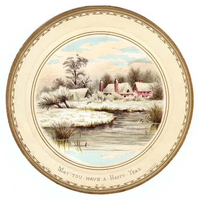 Framed Print : Snow scene with cottages on a circular New Year card Framed Print : Snow scene with cottages on a circular New Year card
