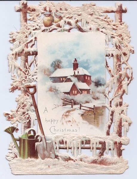Snow scene with decorative border on a Christmas card