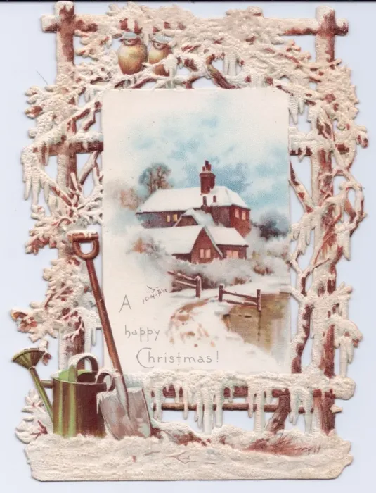 Framed Print : Snow scene with decorative border on a Christmas card Framed Print : Snow scene with decorative border on a Christmas card