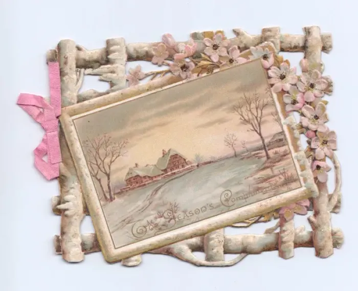 Framed Print : Snow scene with decorative border on a Christmas card Framed Print : Snow scene with decorative border on a Christmas card