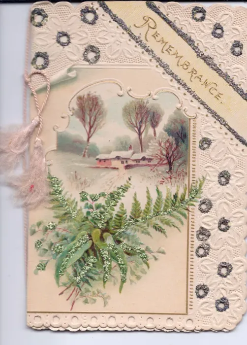 Framed Print : Snow scene and ferns on a remembrance card