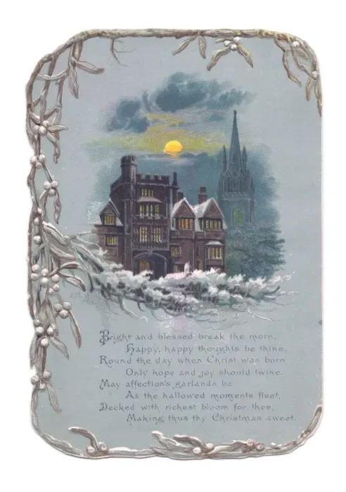 Framed Print : Snow scene with mistletoe border on a Christmas card Framed Print : Snow scene with mistletoe border on a Christmas card