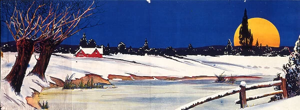Snow scene with moon and frozen river