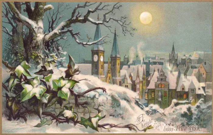 Framed Print : Snow scene in a moonlit town on a New Year card Framed Print : Snow scene in a moonlit town on a New Year card