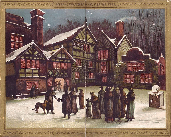 Snow scene outside a house on a Christmas card