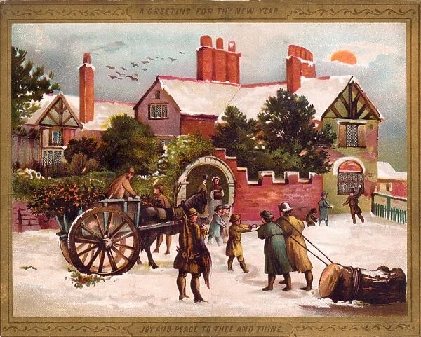 Snow scene outside a house on a New Year card