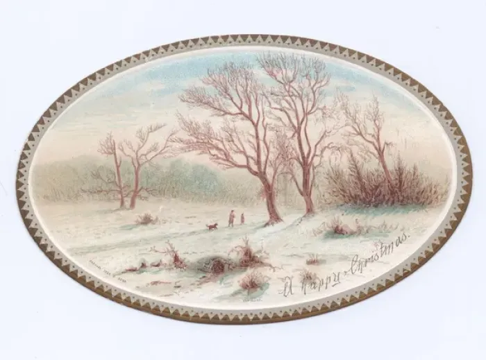 Framed Print : Snow scene on an oval Christmas card Framed Print : Snow scene on an oval Christmas card