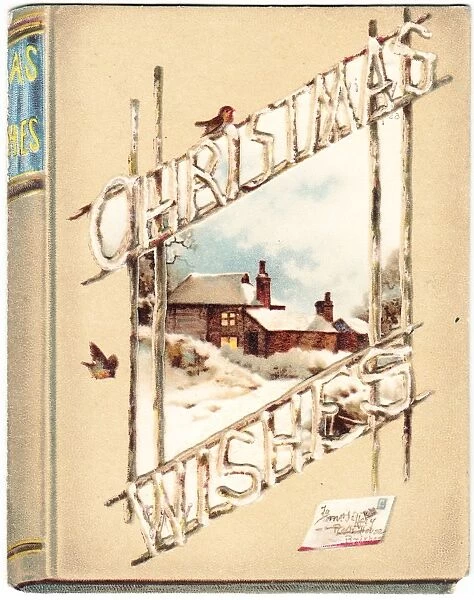 Snow scene with robins on a Christmas card