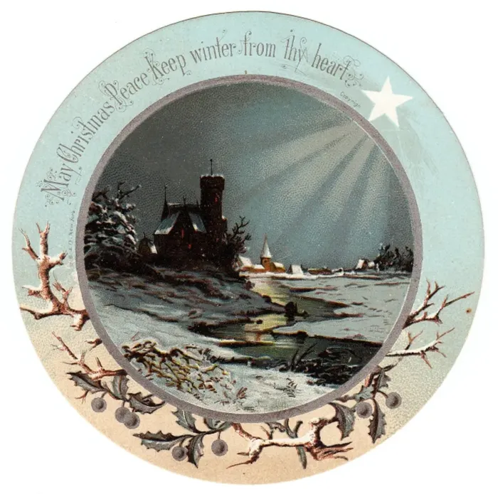 Framed Print : Snow scene with star on a circular Christmas card Framed Print : Snow scene with star on a circular Christmas card