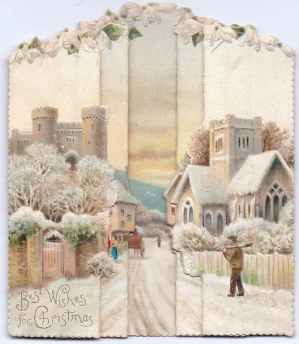Framed Print : Snow scene in a village on a Christmas card Framed Print : Snow scene in a village on a Christmas card