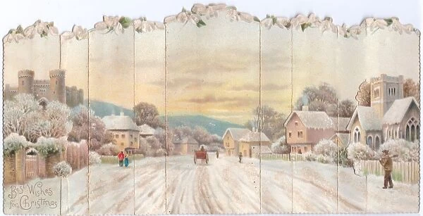 Snow scene in a village on a Christmas card