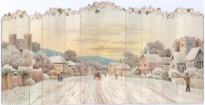 Framed Print : Snow scene in a village on a Christmas card Framed Print : Snow scene in a village on a Christmas card